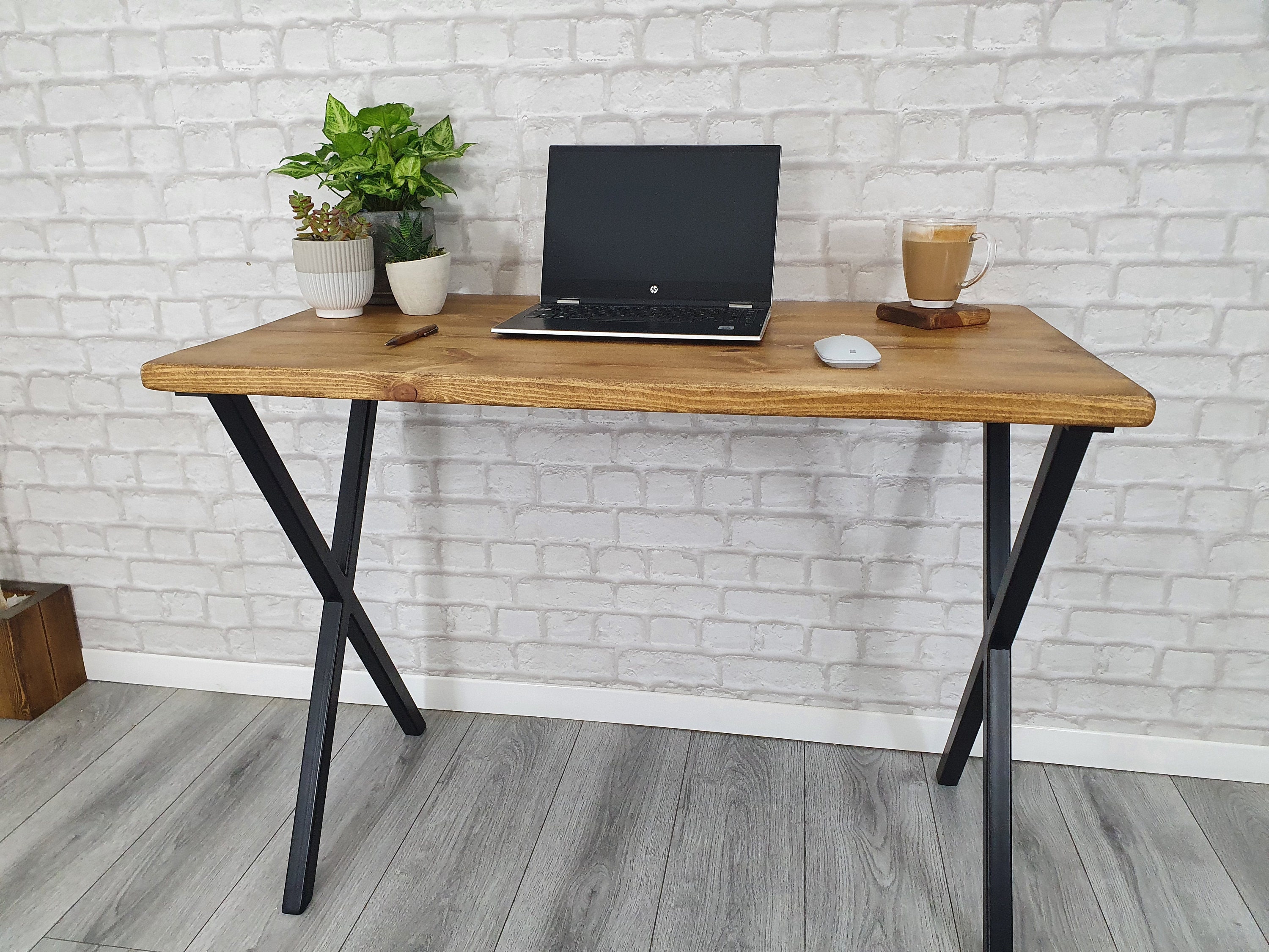 Bespoke solid wood rustic desk with industrial X metal legs X Etsy