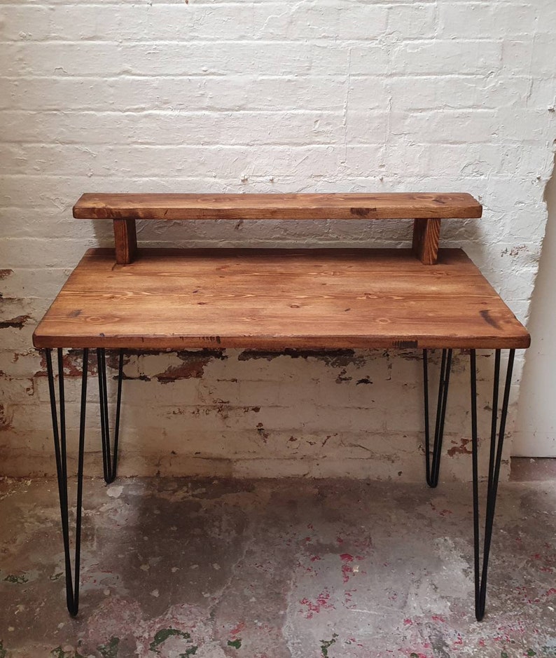 Solid wood rustic hairpin leg desk with monitor stand Etsy