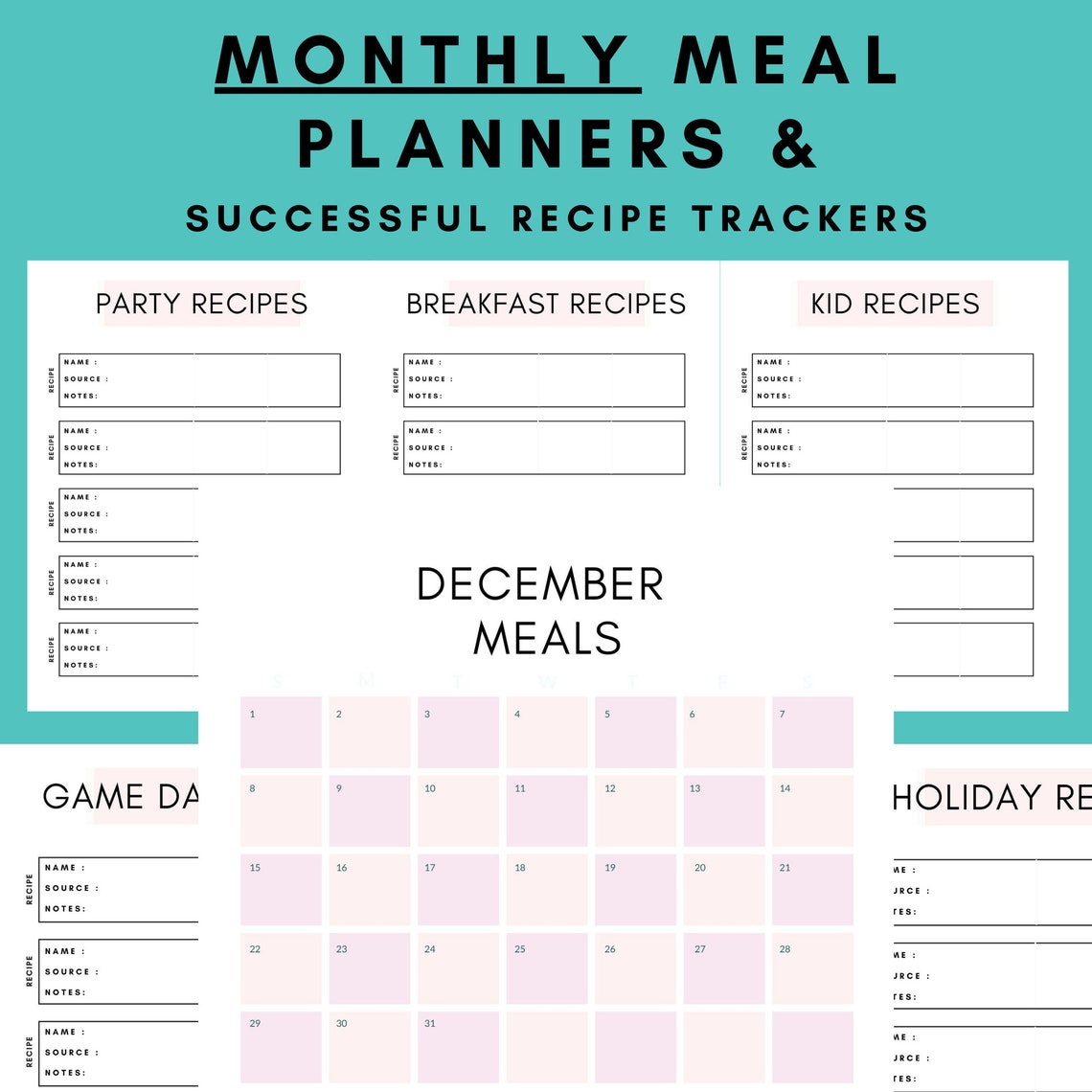 Meal Planner Printable Menu Planning Grocery List Recipe Etsy