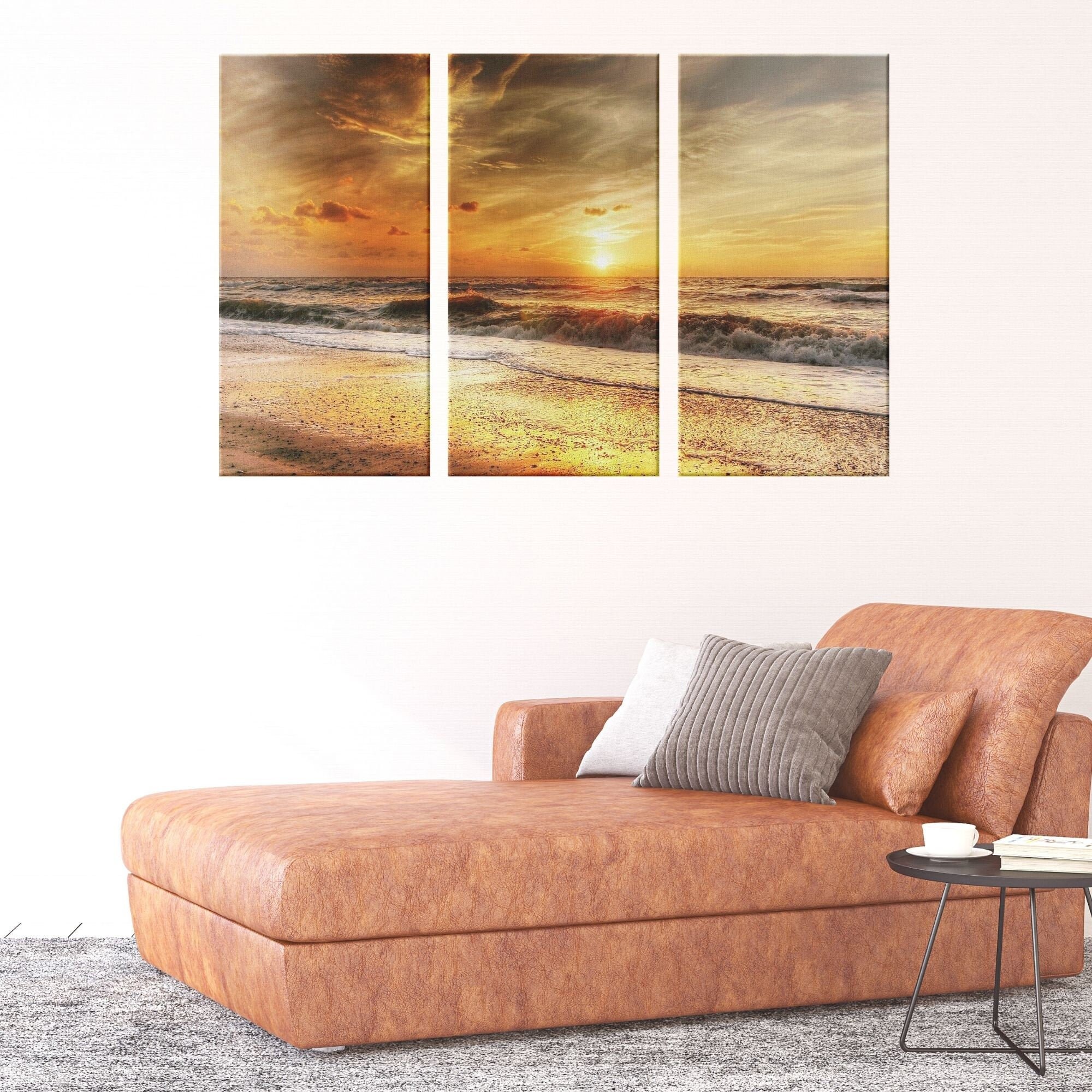 Set Three Orange Sunset Beach Canvas Art Prints Pictures Bedroom 3152 