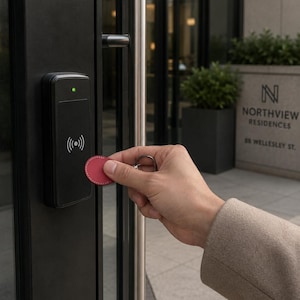 May include: A round, red leather key fob with white stitching and a silver metal ring being held against a black rectangular electronic access control reader mounted on a dark door frame. The reader features a wireless signal icon and a green light.