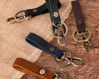 Slim real cowhide Leather keychain with clasp- Free engraved names or initials