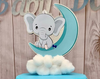 Blue Elephant Baby Shower Cake Topper | On Moon | Baby Boy | 3D on Clouds