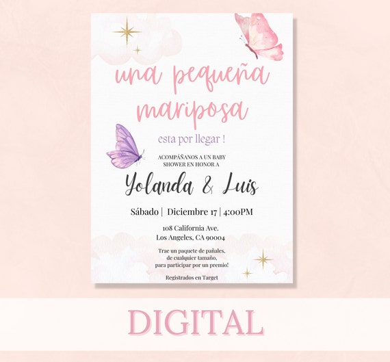 DIGITAL Invitaciones De Baby Shower, Nina, Mariposa Espanol. 5x7. Bebe 