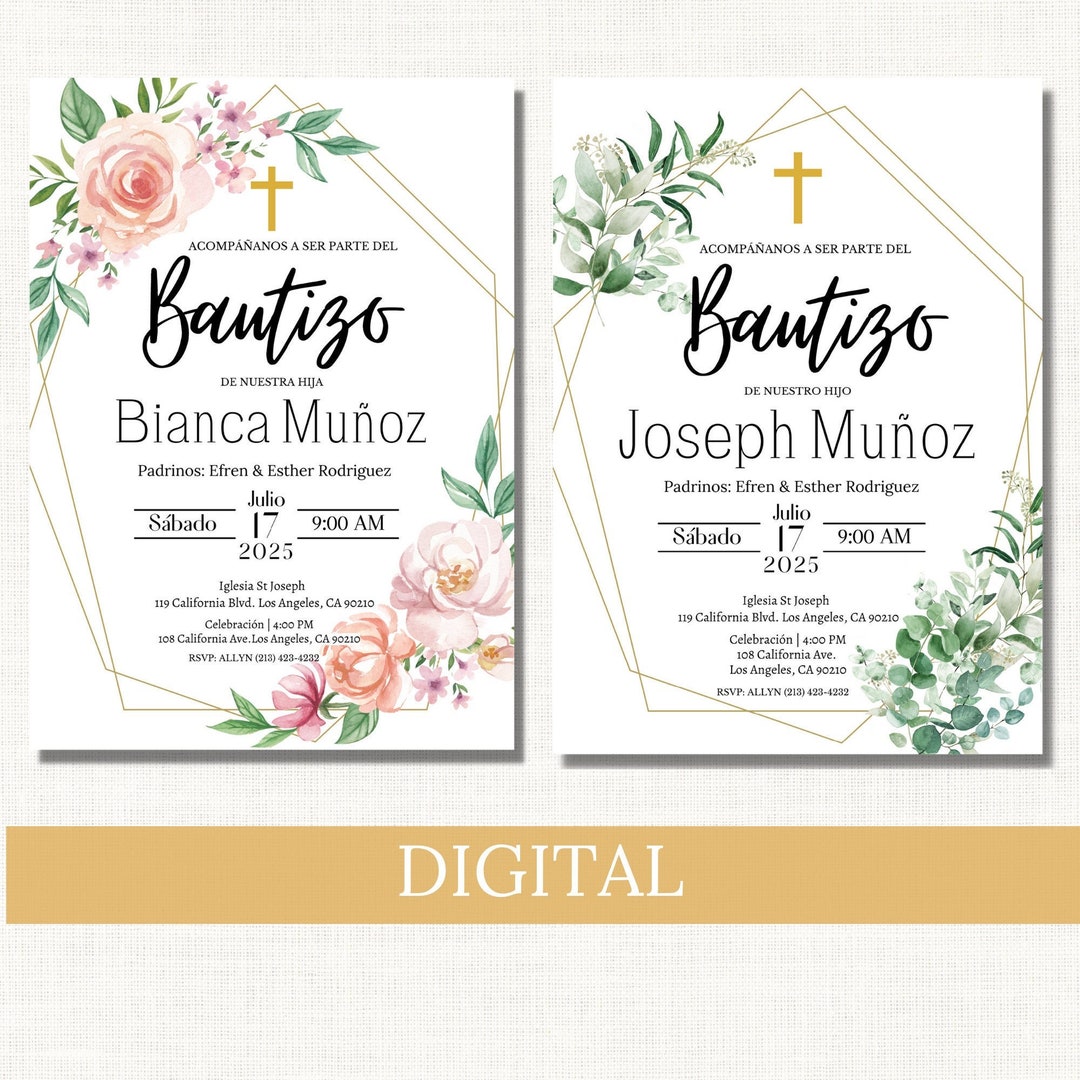 Invitaciones De Bautizo Espanol Digital. 5x7. Mi Etsy México