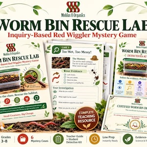 Puede incluir: Un kit educativo Mobius 8 Organics Worm Bin Rescue Lab que incluye guía para el profesor, kit de detective para estudiantes, hojas de casos misteriosos y un certificado. Los materiales contienen texto, ilustraciones de lombrices y un vermicompostador.