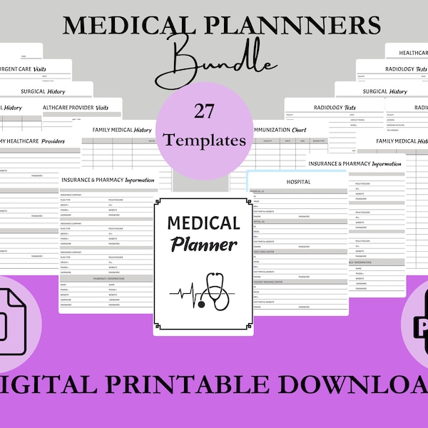 Fichiers numériques imprimables de planificateur médical pour la liste de contrôle de classeur d'urgence médicale, traqueur de bien-être de santé, visite chez le médecin, insertion d'histoire familiale