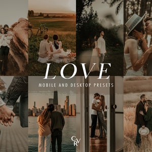 20 LOVE Lightroom プリセット。デスクトップとモバイル。20 種類のプリセット。カップル、結婚式、ムーディ、温かみ、美的、屋外フィルター