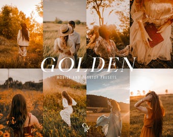 May include: A collage of eight photographs featuring individuals in outdoor settings during sunset, with the text GOLDEN MOBILE AND DESKTOP PRESETS and the logo CRV. The images display warm, sun-drenched lighting, natural landscapes, and various clothing.
