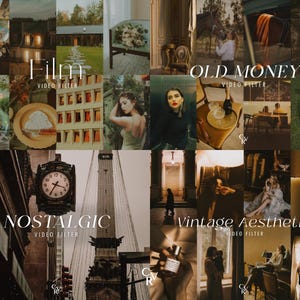 May include: A collage of images showcasing different video filter styles, including "Film", "Old Money", "Nostalgic", and "Vintage Aesthetic". Each style is represented by a collection of images with a distinct aesthetic.