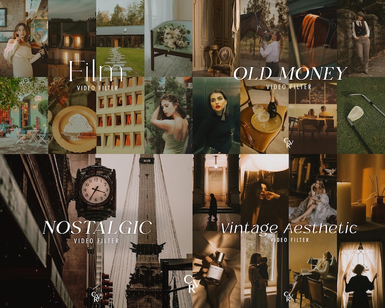 May include: A collage of images showcasing different video filter styles, including "Film", "Old Money", "Nostalgic", and "Vintage Aesthetic". Each style is represented by a collection of images with a distinct aesthetic.