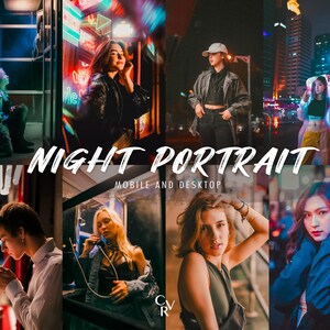 以下が含まれることがあります： 都市環境で多様な人々をフィーチャーした夜のポートレートのコラージュ。画像はさまざまなスタイルを示し、背景にはネオンライトと都市景観があります。画像上のテキストは「NIGHT PORTRAIT」と「Mobile and Desktop」です。