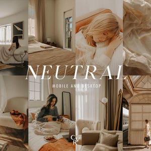 10 preajustes neutros de Lightroom. Para escritorio y móvil. Tonos cremosos, neutros, cálidos, beige, brillantes, suaves, transparentes y limpios para Instagram.