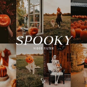 May include: A collage of images with a Halloween theme. The word "SPOOKY" is displayed in large white letters. The images include carved pumpkins, a person with a pumpkin head, and a skeleton with a dog.