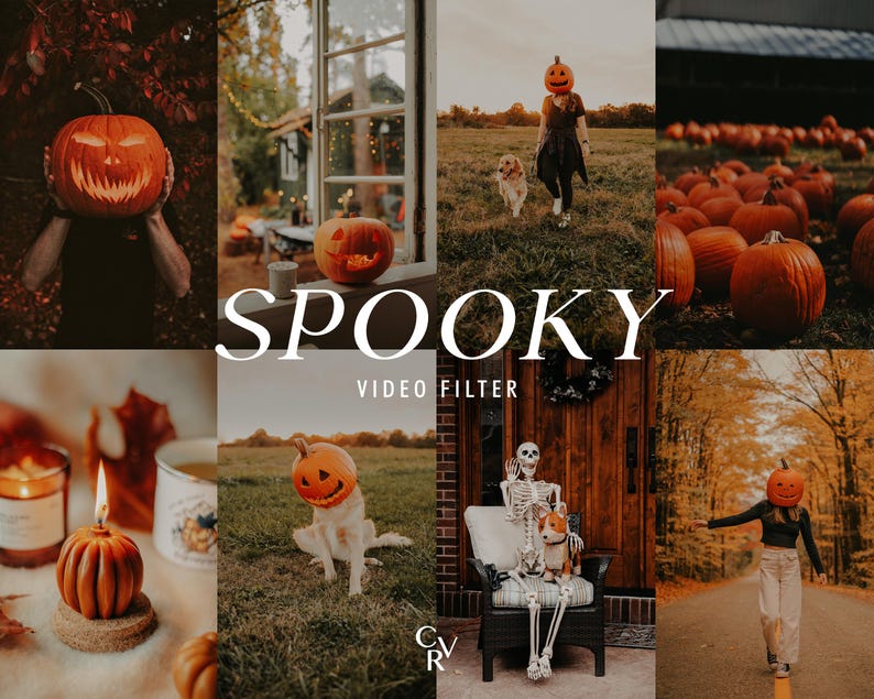 May include: A collage of images with a Halloween theme. The word "SPOOKY" is displayed in large white letters. The images include carved pumpkins, a person with a pumpkin head, and a skeleton with a dog.