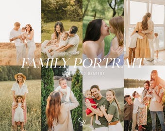 15 presetów portretowych do programu Lightroom. Kompatybilne z komputerami stacjonarnymi i urządzeniami mobilnymi. 15 różnych presetów. Rodzina, Plener, Ciepłe tonacje, Dziecko, Filtr do edycji zdjęć