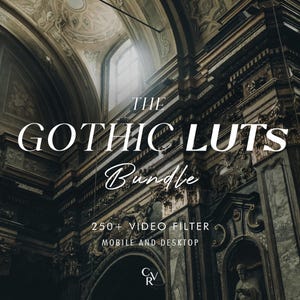 Puede incluir: Imagen oscura y detallada de un interior gótico con el texto "THE GOTHIC LUTS Bundle". La imagen muestra detalles de piedra, arcos y el texto "250+ VIDEO FILTER MOBILE AND DESKTOP". El ambiente es vintage y dramático.