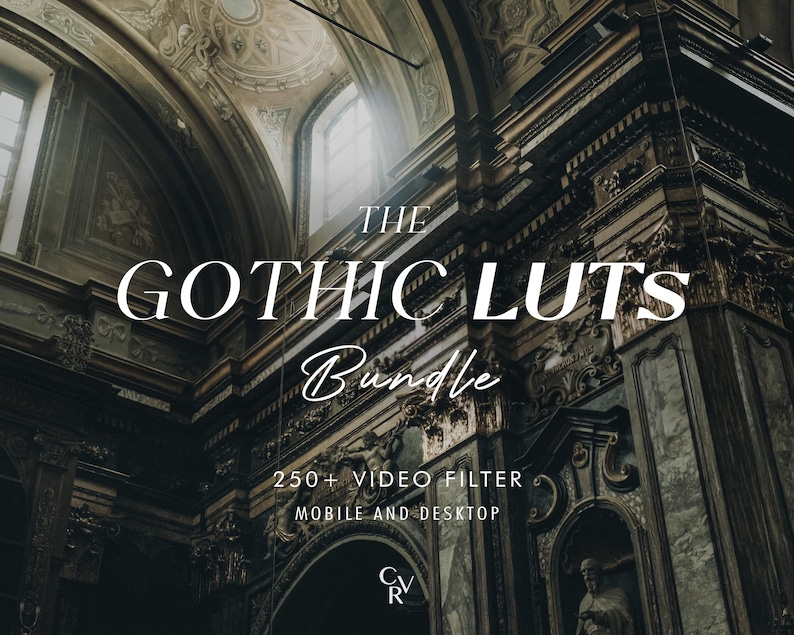 May include: A dark, atmospheric image of a Gothic interior with the text "THE GOTHIC LUTS Bundle". The image shows detailed stonework, arches, and the text "250+ VIDEO FILTER MOBILE AND DESKTOP". The overall aesthetic is vintage and dramatic.