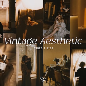 May include: A collage of images with a vintage aesthetic, featuring scenes of people in various settings. The text "Vintage Aesthetic Video Filter" is overlaid on the images. The color palette is warm, with tones of brown, beige, and gold.