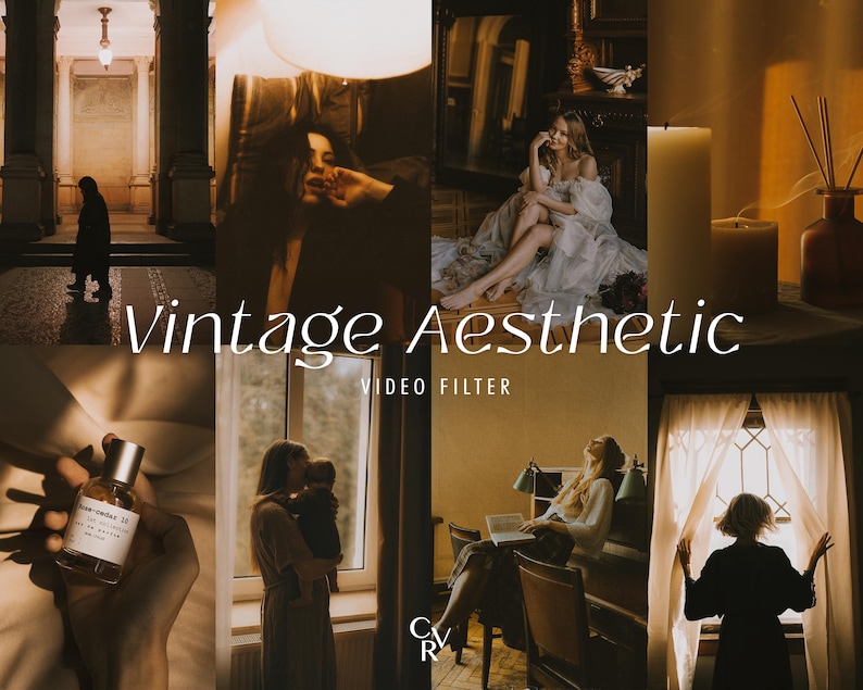 May include: A collage of images with a vintage aesthetic, featuring scenes of people in various settings. The text "Vintage Aesthetic Video Filter" is overlaid on the images. The color palette is warm, with tones of brown, beige, and gold.