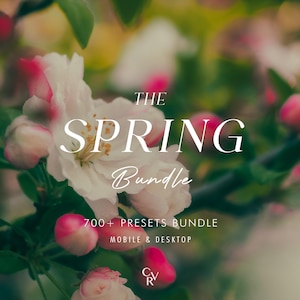 以下が含まれることがあります： 白とピンクの花のクローズアップ。テキスト「THE SPRING Bundle」がエレガントなフォントで表示されています。「700+ PRESETS BUNDLE MOBILE & DESKTOP」のテキストも表示されています。背景はぼやけています。