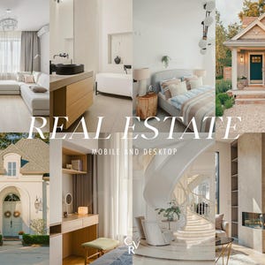 May include: A collage of images showcasing real estate, including interior and exterior views. The images feature a living room, bathroom, bedroom, and a house exterior. Text overlay reads "REAL ESTATE MOBILE AND DESKTOP".