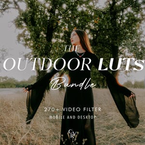 May include: A woman in a black dress stands in a field with the text "THE OUTDOOR LUTS Bundle" in white. The image also includes the text "270+ VIDEO FILTER MOBILE AND DESKTOP". The background features trees and tall grass.