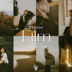 May include: A collage of images with a vintage aesthetic. The central text reads "Old School Film VIDEO FILTER." The images feature women in various settings, including a car, beach, and interior, with a muted color palette and soft focus.