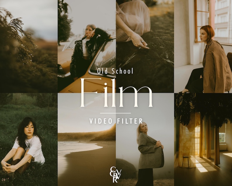 May include: A collage of images with a vintage aesthetic. The central text reads "Old School Film VIDEO FILTER." The images feature women in various settings, including a car, beach, and interior, with a muted color palette and soft focus.