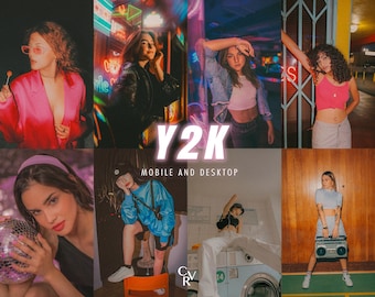 15 preajustes de Lightroom con estética Y2K. Para escritorio y móvil. 15 preajustes diferentes. Filtros vintage, retro, cinematográficos y nostálgicos para fotografía.