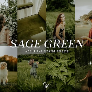 May include: A collage of images showcasing a collection of digital presets for mobile and desktop devices. The presets are designed to create a sage green color palette in photos. The text "SAGE GREEN" is displayed in a white font on a green background.