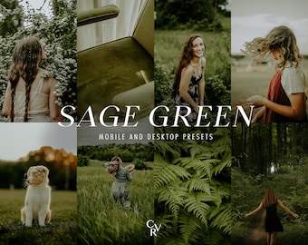 May include: A collage of images showcasing a collection of digital presets for mobile and desktop devices. The presets are designed to create a sage green color palette in photos. The text "SAGE GREEN" is displayed in a white font on a green background.