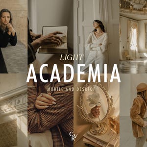 May include: A collage of images featuring a woman in a black outfit, a woman in a white sweater, a woman in a brown coat, a book, a mirror with a flower, and a room with high ceilings and ornate details. The text "LIGHT ACADEMIA" and "MOBILE AND DESKTOP" are also included in the collage.