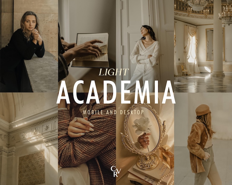 May include: A collage of images featuring a woman in a black outfit, a woman in a white sweater, a woman in a brown coat, a book, a mirror with a flower, and a room with high ceilings and ornate details. The text "LIGHT ACADEMIA" and "MOBILE AND DESKTOP" are also included in the collage.