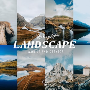 May include: A collage of nine landscape photos with a bright, airy feel. The photos feature mountains, lakes, waterfalls, and a small church. The text "Bright Landscape" and "Mobile and Desktop" is superimposed on the images.