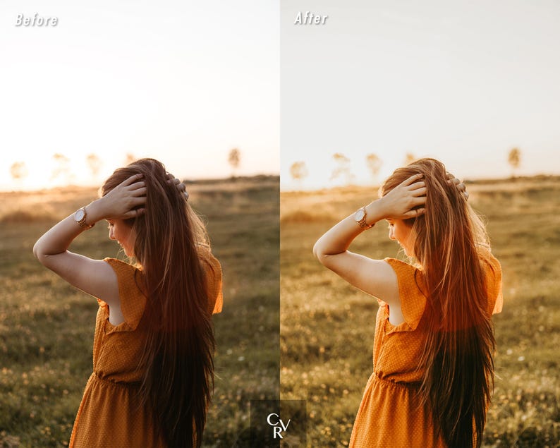 May include: A woman with long, red hair is wearing a mustard yellow dress and a gold watch. She is standing in a field of tall grass with a sunset in the background.