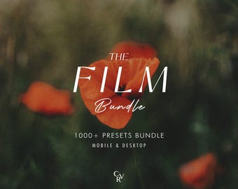 May include: The Film Bundle graphic with the text "The Film Bundle" in white against a red poppy flower background. The text "1000+ Presets Bundle Mobile & Desktop" is below the main text. The graphic also includes the initials "CVR" in white.