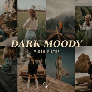 May include: A collage of eight images with a dark, atmospheric aesthetic. The images depict outdoor scenes, including landscapes and people. Text overlay reads "DARK MOODY VIDEO FILTER".