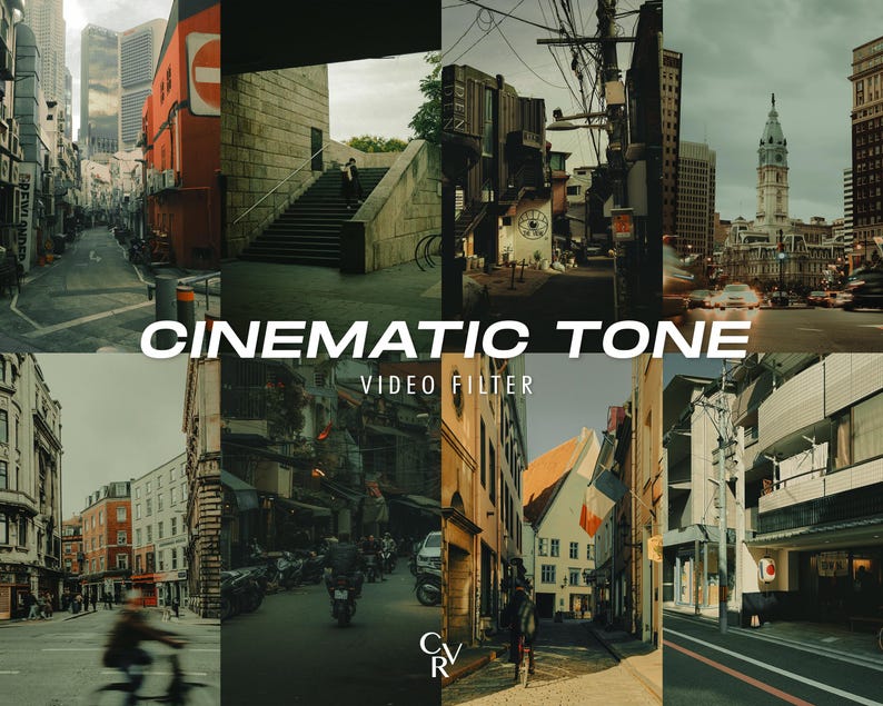 K&ouml;nnte beinhalten: Eine Collage von Bildern, die einen Videofilter namens "Cinematic Tone" zeigen. Der Filter erzeugt einen warmen, Vintage-Look mit ged&auml;mpften Farben und einem weichen, vertr&auml;umten Gef&uuml;hl. Die Bilder zeigen verschiedene Stadtlandschaften mit Geb&auml;uden, Stra&szlig;en und Menschen.