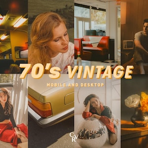 May include: A collage of images with a 1970s theme. The images include a woman, a car, a diner, and a man. The text "70's Vintage" is displayed in a yellow font, with "Mobile and Desktop" below it.
