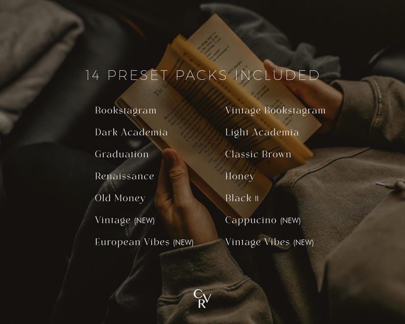 May include: A list of 14 preset packs for photo editing, including Bookstagram, Dark Academia, Graduation, Renaissance, Old Money, Vintage, European Vibes, Vintage Bookstagram, Light Academia, Classic Brown, Honey, Black, Cappuccino, and Vintage Vibes.
