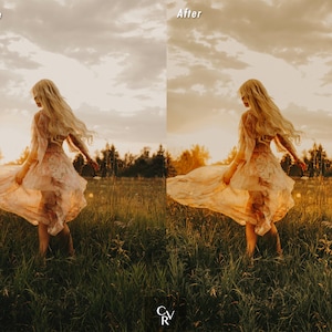 May include: A woman in a flowing white dress with floral patterns stands in a field of tall grass. The sun is setting behind her, casting a warm golden glow on the scene.