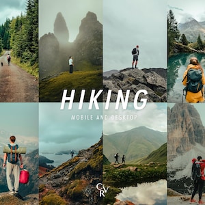 Może przedstawiać: Kolaż zdjęć przedstawiających wędrówki na łonie natury. Słowo "HIKING" jest wyświetlane na biało, poniżej znajduje się "MOBILE AND DESKTOP". Zdjęcia przedstawiają osoby wędrujące w różnych krajobrazach, w tym w górach, lasach i w pobliżu wody. Każda osoba ma na sobie sprzęt turystyczny.