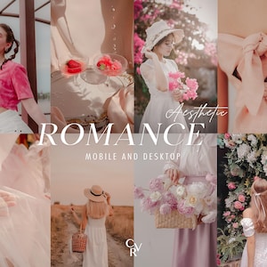 May include: A collage of images with a romantic theme. The images feature a woman in a pink shirt, a woman in a white dress, a woman in a white dress with a straw hat, a woman in a white dress with a floral crown, and a woman in a white dress with a floral crown. The images are all set against a backdrop of flowers and greenery.