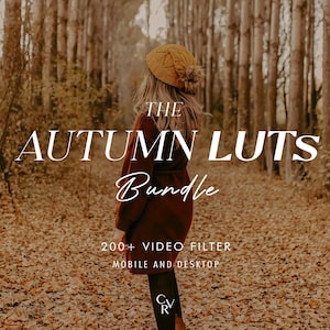 May include: An autumn-themed image featuring a person walking on a path covered in fallen leaves. The text "THE AUTUMN LUTS Bundle" is displayed, along with "200+ VIDEO FILTER MOBILE AND DESKTOP". The color palette is warm, with shades of brown and gold.