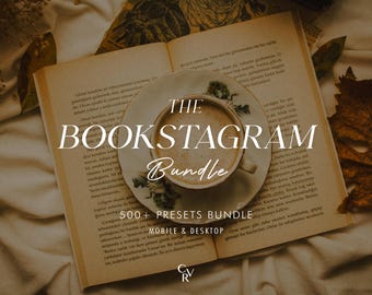 May include: A close-up of a book with a cup of coffee on top. The text "THE BOOKSTAGRAM BUNDLE 500+ PRESETS BUNDLE MOBILE & DESKTOP" is visible on the image.