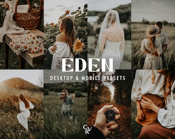 10 EDEN Lightroom Voreinstellungen. Desktop und mobil. 10 verschiedene Presets. Filmreif, Outdoor, Dunkel, Stimmungsvoll, Hochzeit, Fotografie, Filter