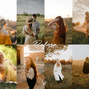 May include: A collage of nine images showcasing different photography editing styles. The images feature people in various outdoor settings, including a field, a forest, and a mountain.