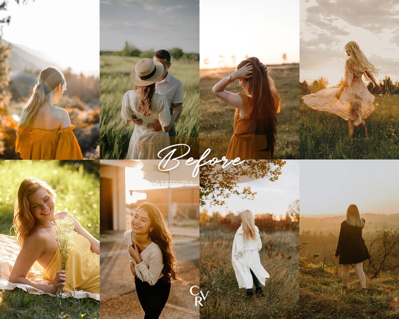 May include: A collage of nine images showcasing different photography editing styles. The images feature people in various outdoor settings, including a field, a forest, and a mountain.