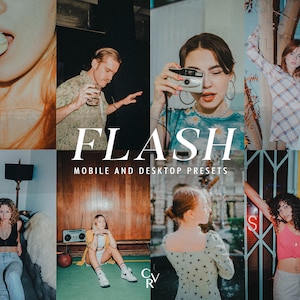 Op de afbeelding: Een verzameling mobiele en desktop fotopresets genaamd "FLASH". De afbeelding toont een verscheidenheid aan foto's met verschillende kleurpaletten en lichteffecten.